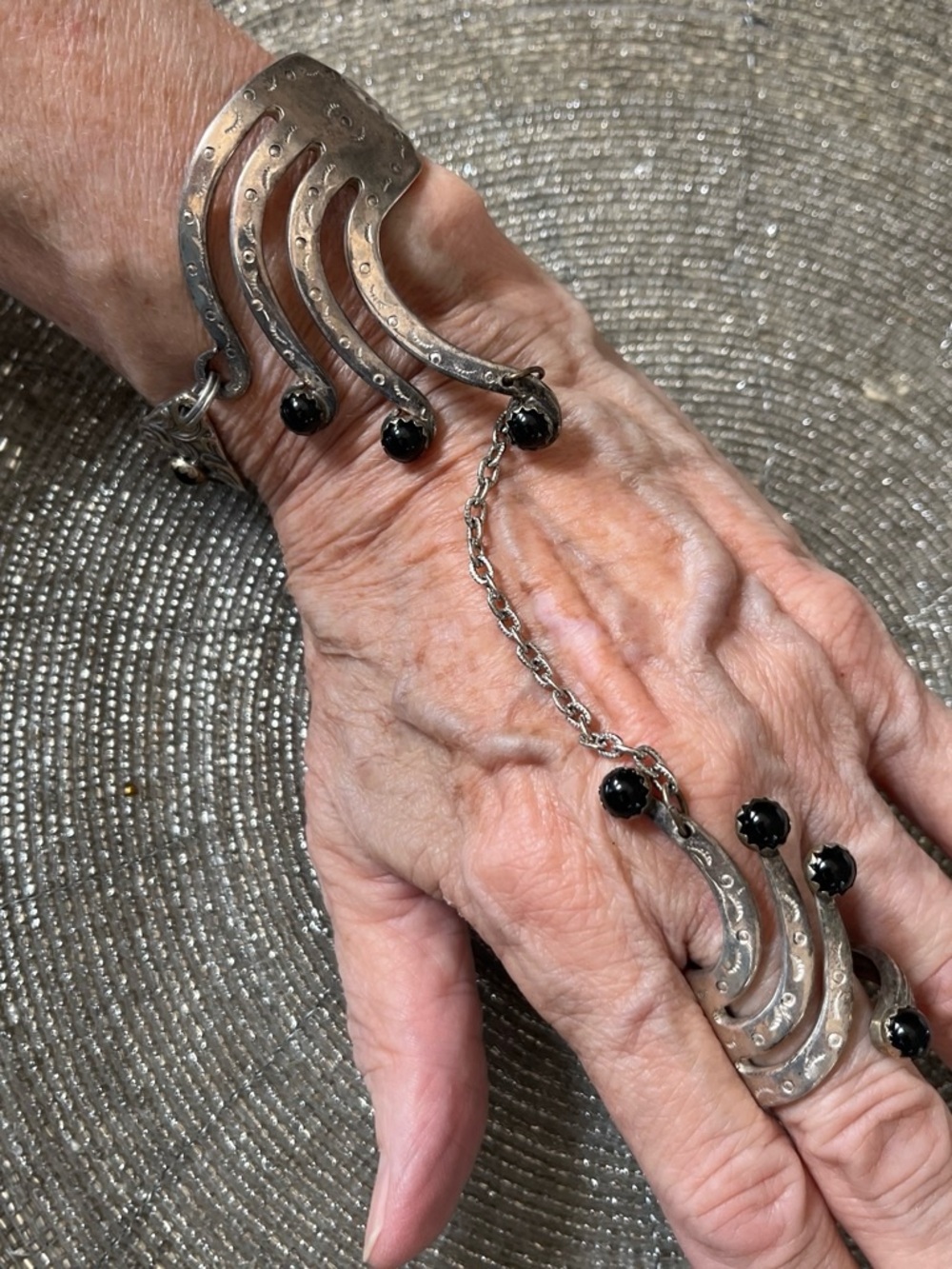 Upcycled Rogers & Bros. Antique Silverplate Hand Chain Bracelet black Onyx Beads
